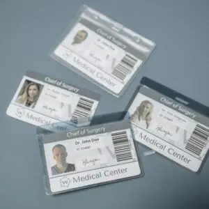 High-angle view of medical ID badges for chief surgeons on a gray surface.