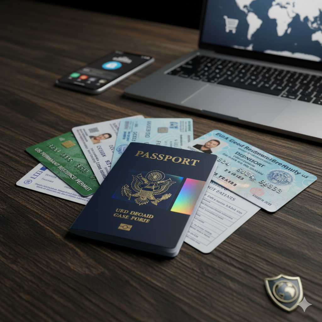 Digital workspace with multiple passports, ID cards, and a tablet showing global connections, representing PassportIDZone.com's services for buying real and fake passports, ID cards, driver's licenses, and resident permits online.