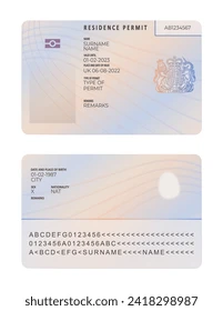 Two sample residence permit cards: the top card shows placeholder personal data (name, expiry) and a photo area, the bottom card displays a machine-readable line and an MRZ section with characters.